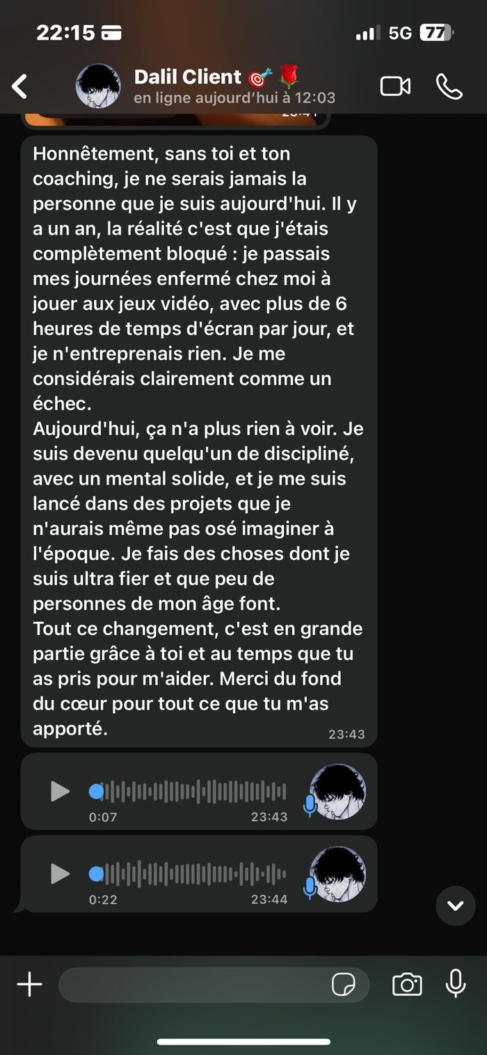Message WhatsApp de Dalil, client du programme Focus & Productivité