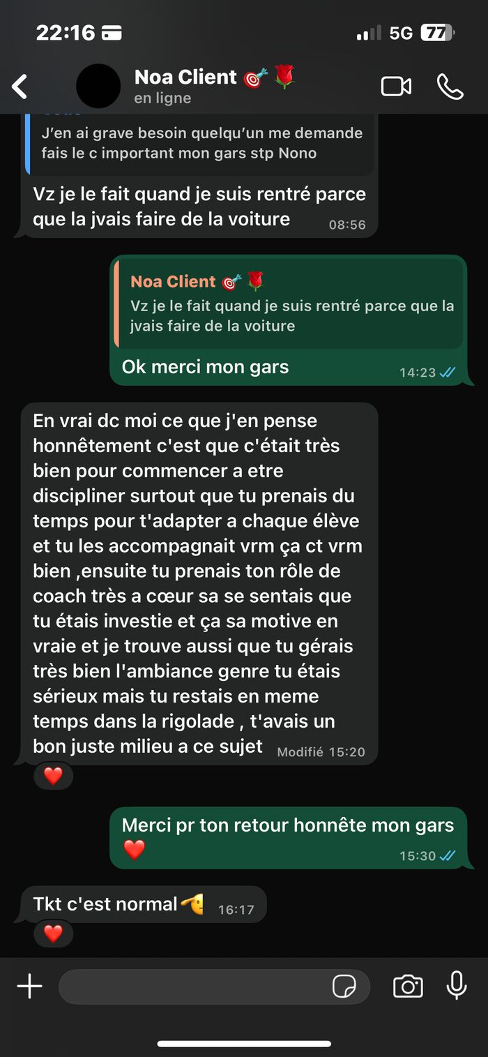 Message WhatsApp de Noa, client du programme Focus & Productivité