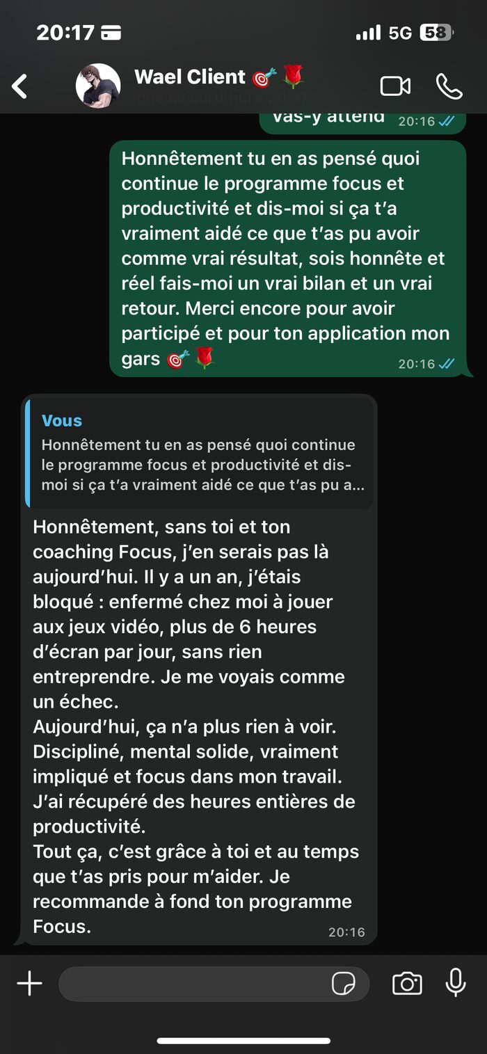 Message WhatsApp de Wael, client du programme Focus & Productivité